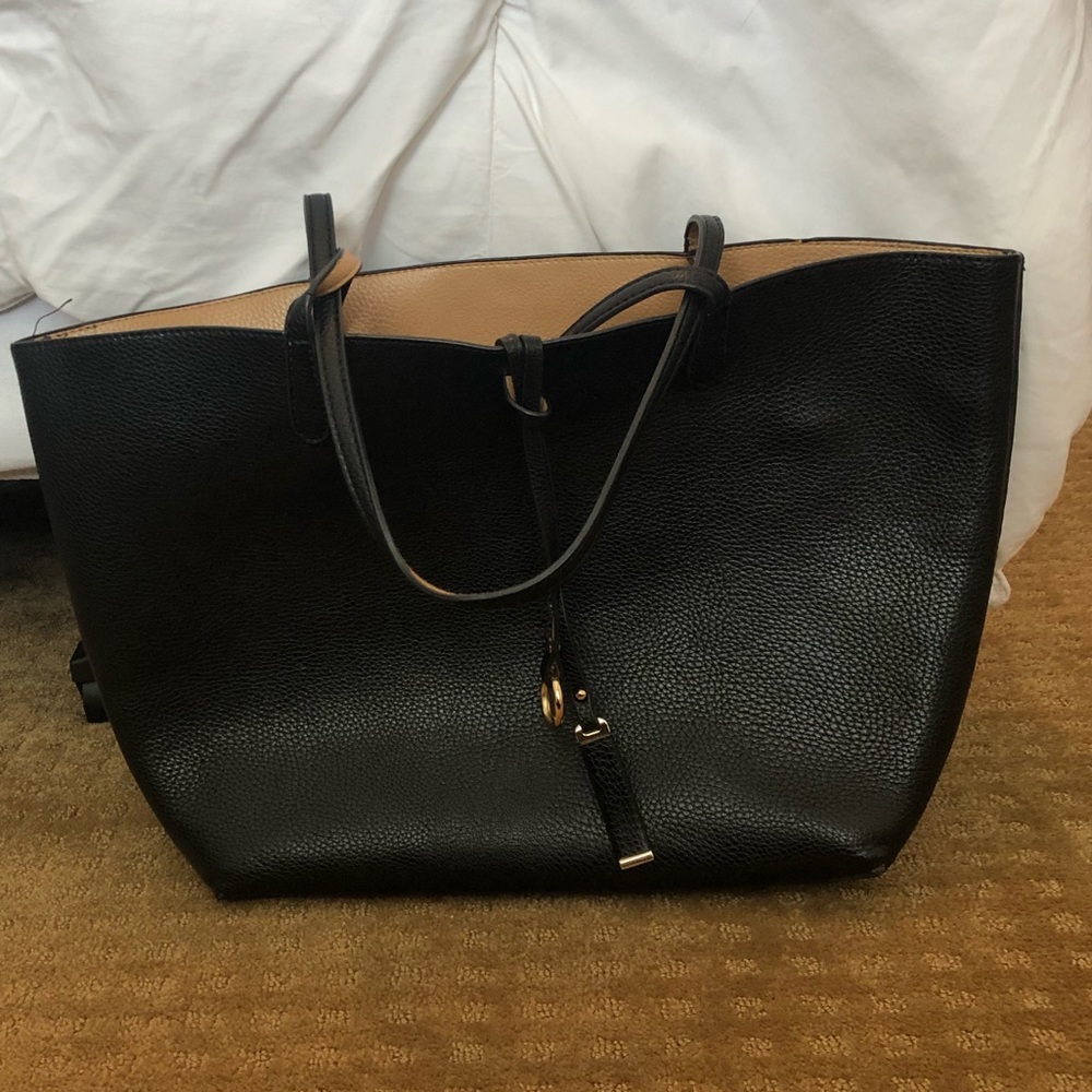 black fake leather tote bag